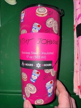 Betsey Johnson Hot Pink Bagel & Coffee Stainless Steel Tumbler